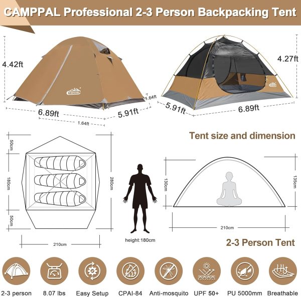 2-3 Person Tent - Waterproof Windproof 4 Season Tent for Backpacking, Hiking, Hunting, Motorcycling & Biking - Image 6